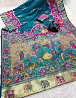Embrocation Rama Pashmina Saree With Vestigial Blouse Piece