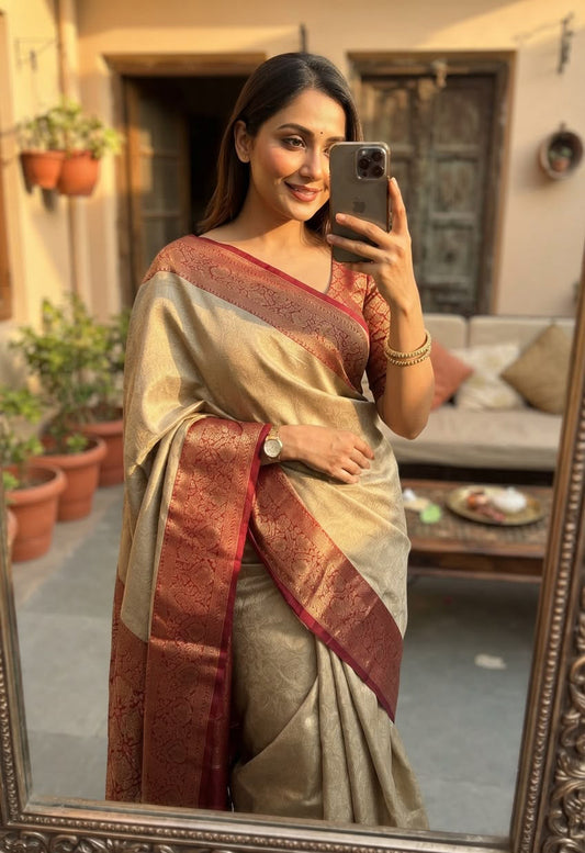 Twirling Beige Pure Banarasi Silk Saree With Gossamer Blouse Piece