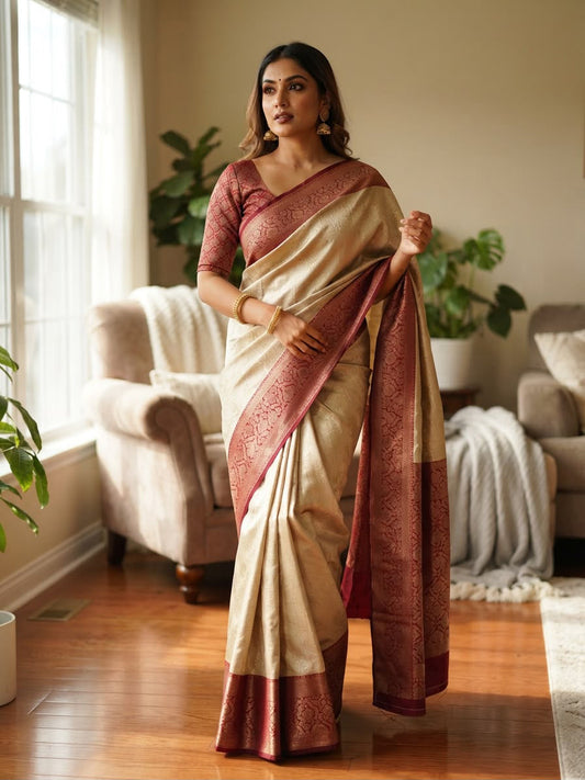 Twirling Beige Pure Banarasi Silk Saree With Gossamer Blouse Piece