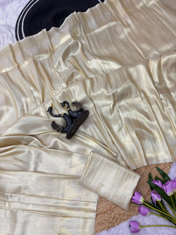 Dazzling Beige Banarasi Tissue Silk Saree With Incredible Blouse Piece