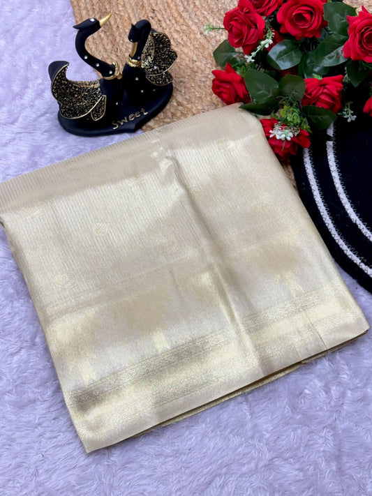 Dazzling Beige Banarasi Tissue Silk Saree With Incredible Blouse Piece