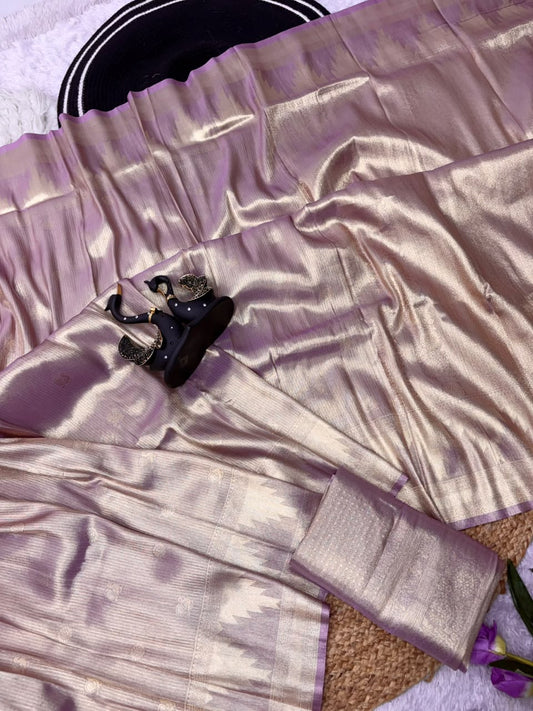 Mesmerising Lavender Banarasi Tissue Silk Saree With Extraordinary Blouse Piece