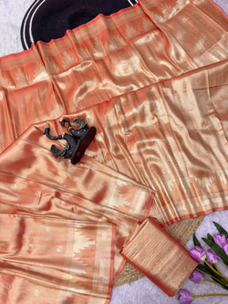 Splendorous Orange Banarasi Tissue Silk Saree With Transcendent Blouse Piece
