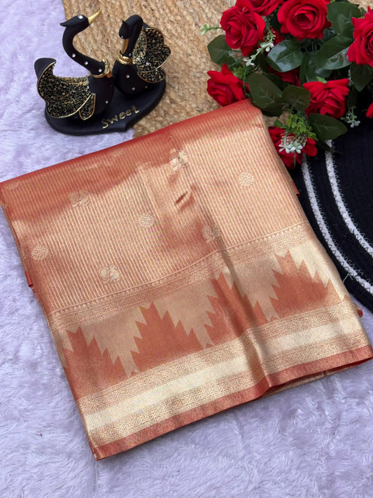 Splendorous Orange Banarasi Tissue Silk Saree With Transcendent Blouse Piece