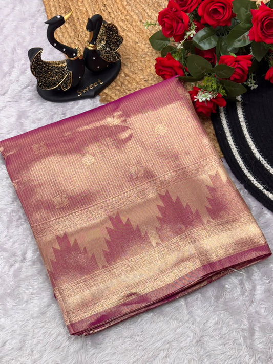 Elegant Pink Banarasi Tissue Silk Saree With Profuse Blouse Piece