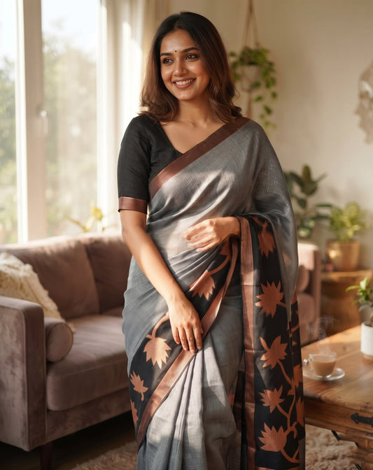 Bewitching Grey Cotton Silk Saree With Stylish Blouse Piece