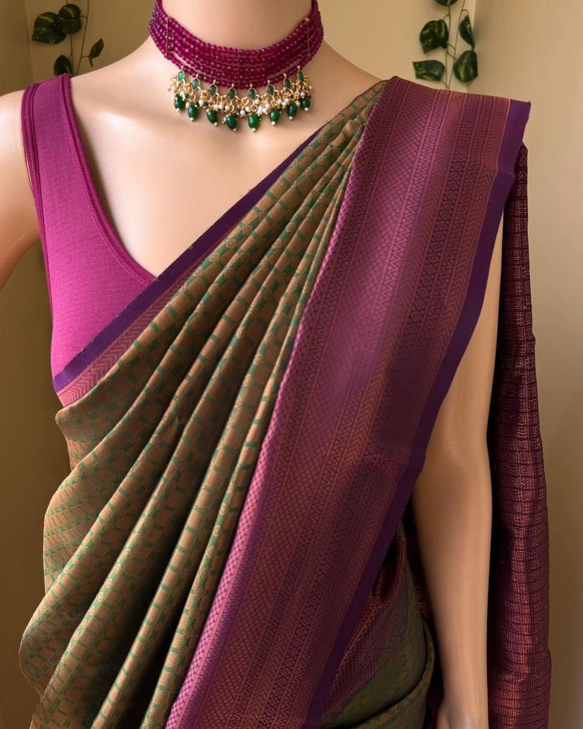 Seraphic Mehndi Soft Silk Saree With Ethereal Blouse Piece