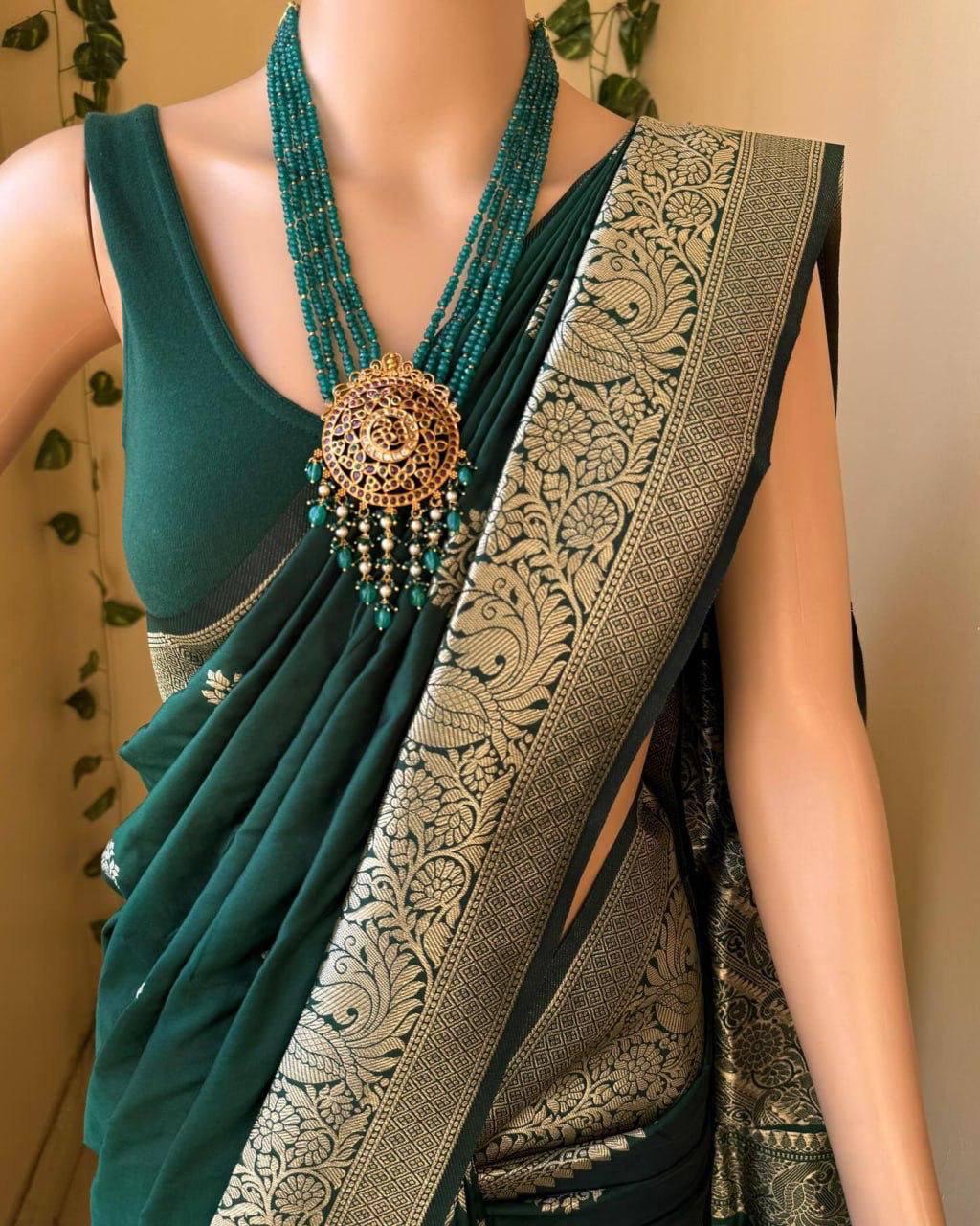 Zephyr Dark Green Soft Silk Saree With Alluring Blouse Piece