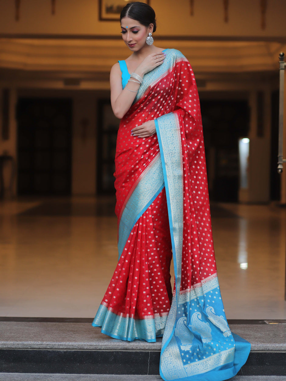 Pleasant Red Soft Silk Saree With Desiring Blouse Piece