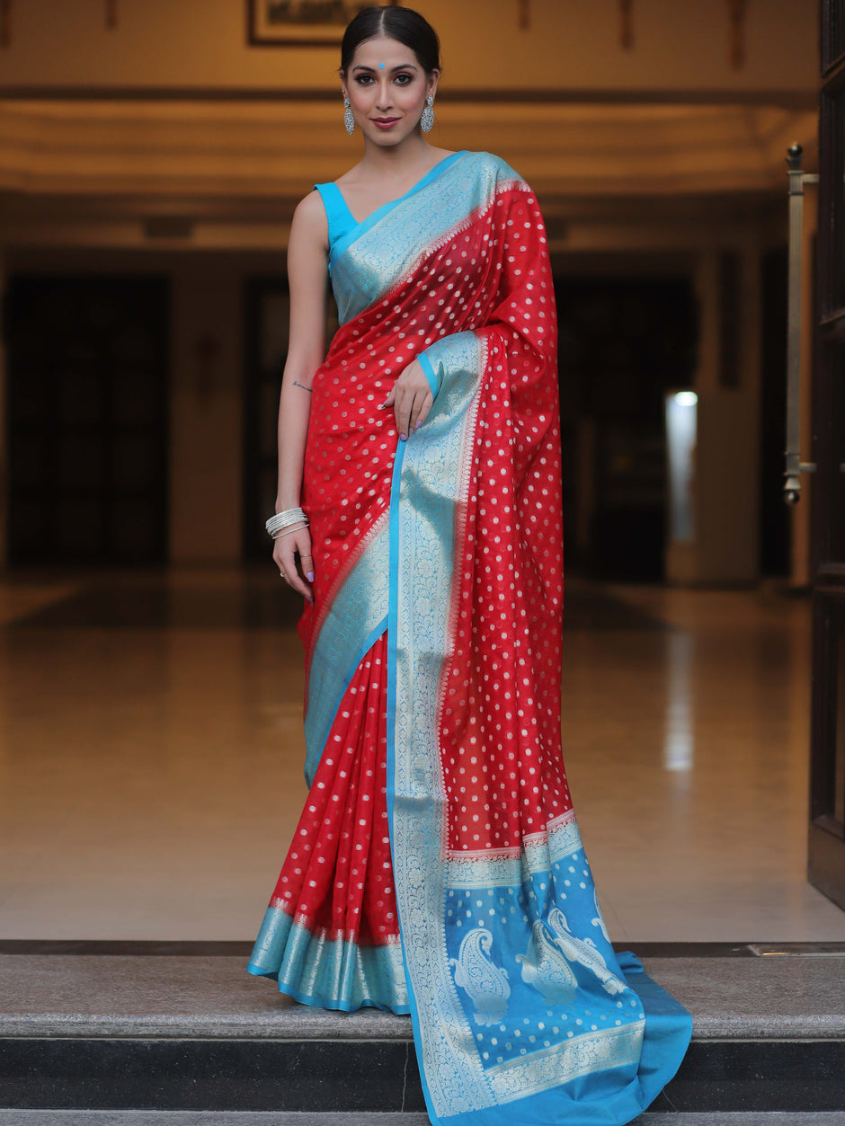 Pleasant Red Soft Silk Saree With Desiring Blouse Piece