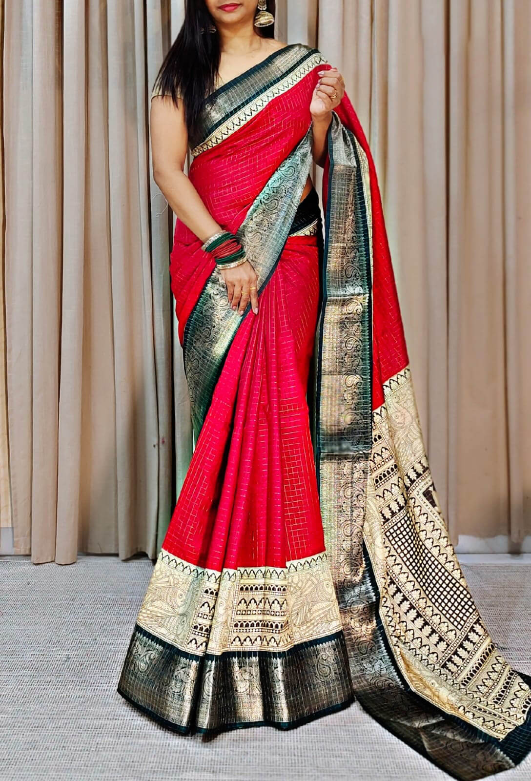 Gratifying Red Digital Printed Dola Silk Saree With Whimsical Blouse Piece