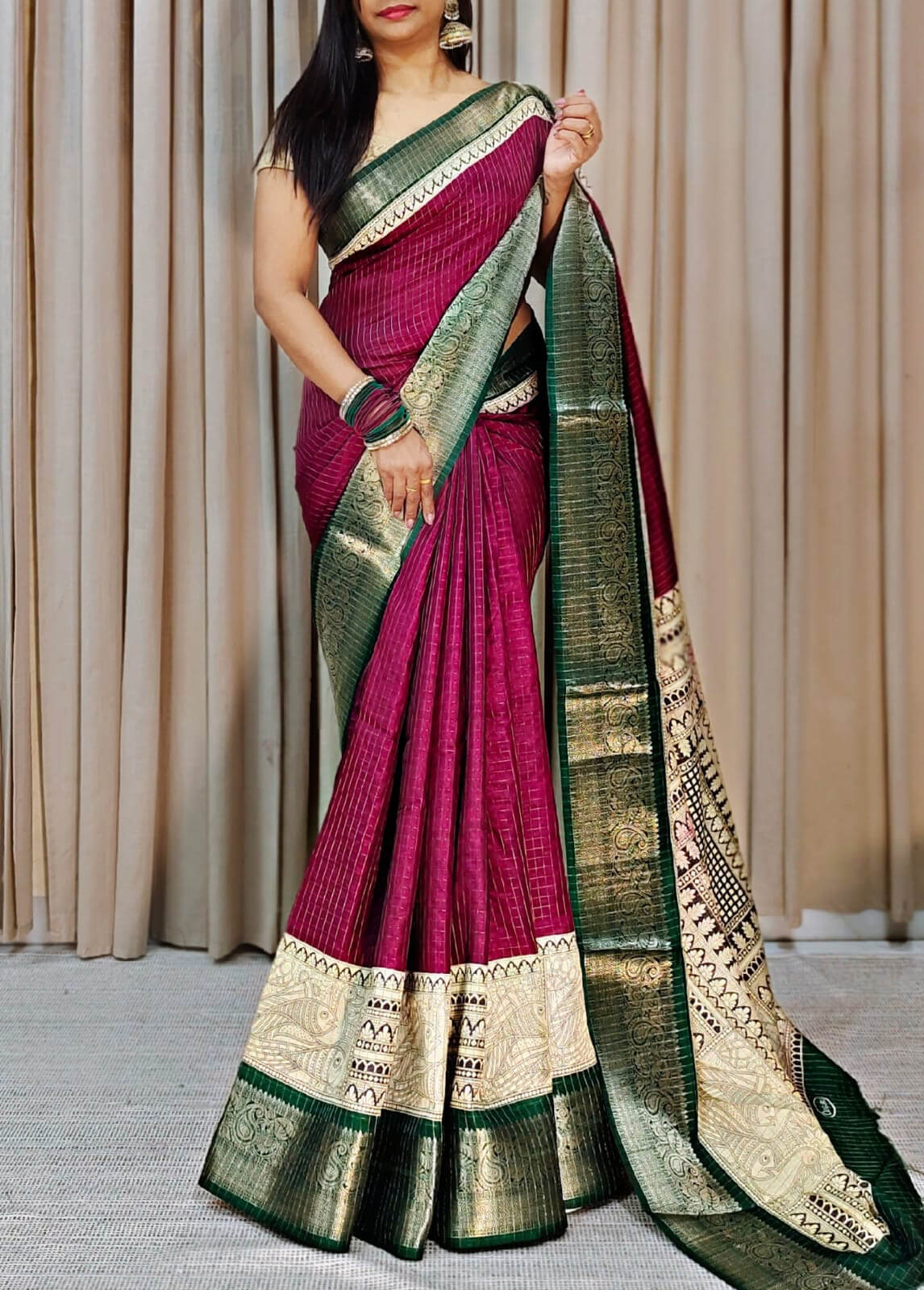 Gorgeous Wine Digital Printed Dola Silk Saree With Pulsating Blouse Piece