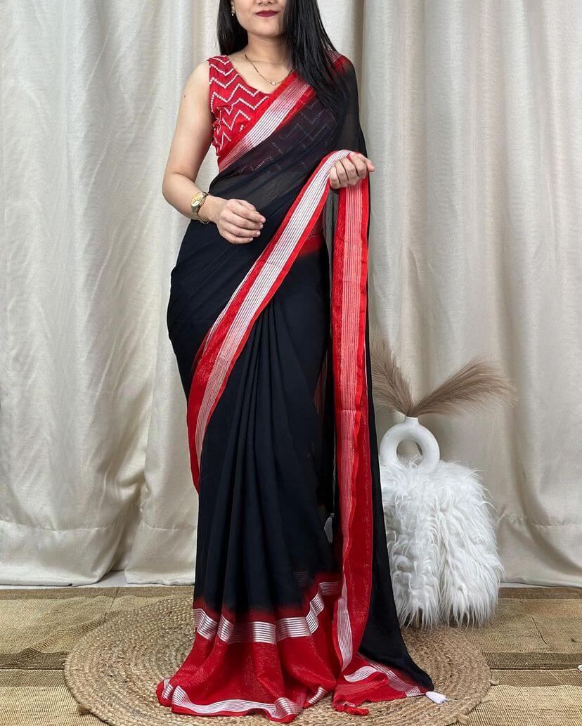 Gleaming Black Digital Printed Chiffon Saree With Denouement Blouse Piece