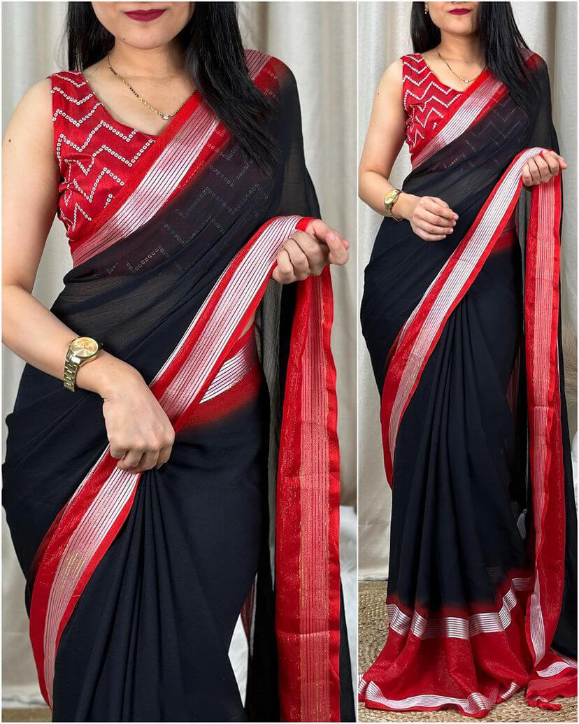 Gleaming Black Digital Printed Chiffon Saree With Denouement Blouse Piece