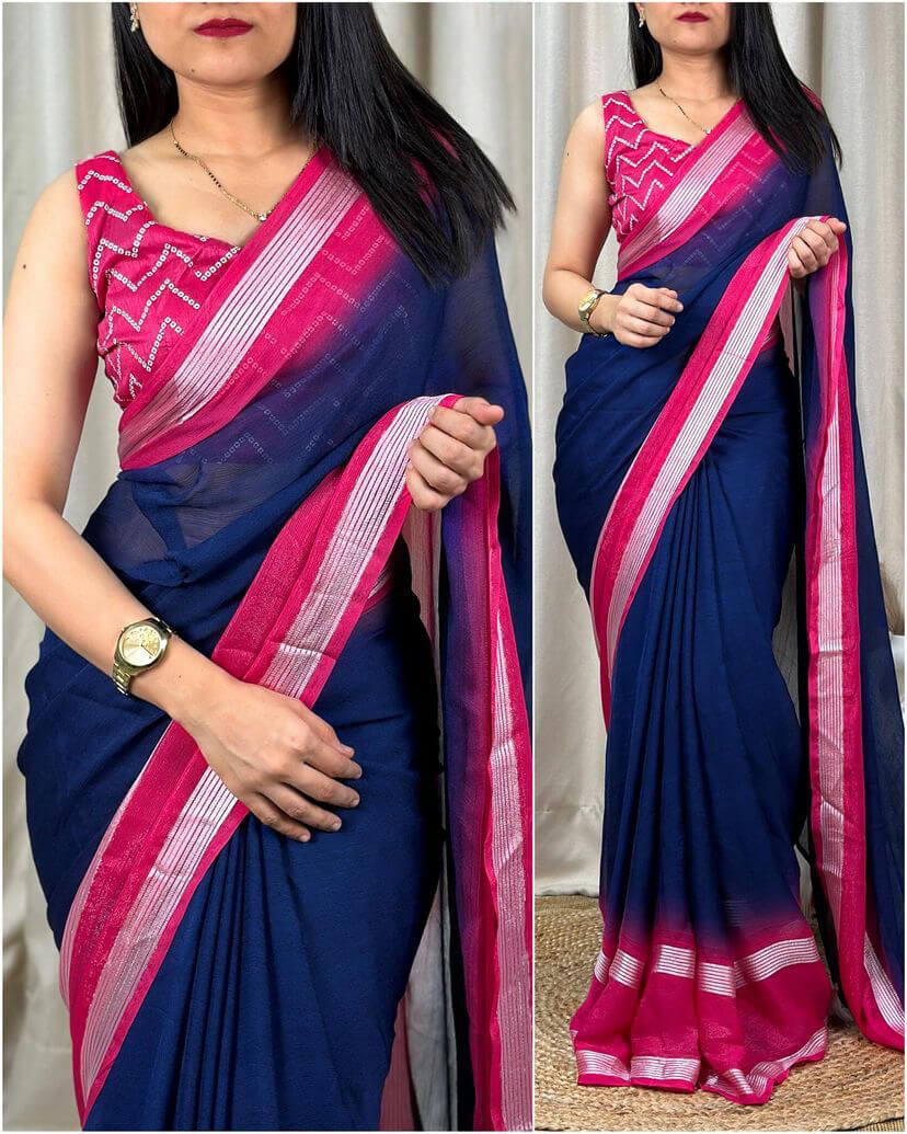 Amazing Navy Blue Digital Printed Chiffon Saree With Radiant Blouse Piece