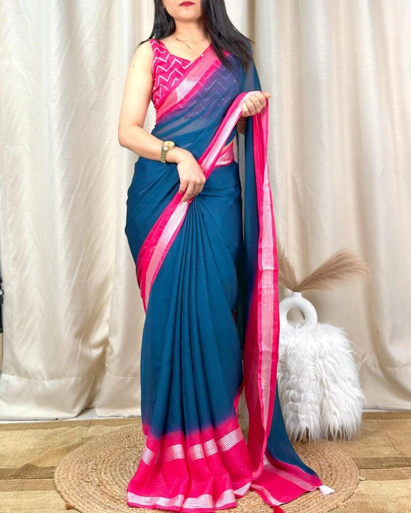 Preferable Rama Digital Printed Chiffon Saree With Rhapsody Blouse Piece