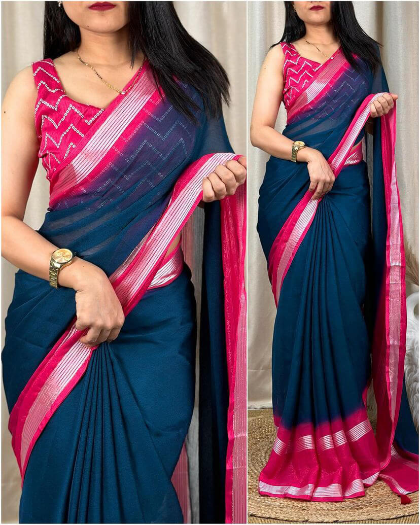 Preferable Rama Digital Printed Chiffon Saree With Rhapsody Blouse Piece