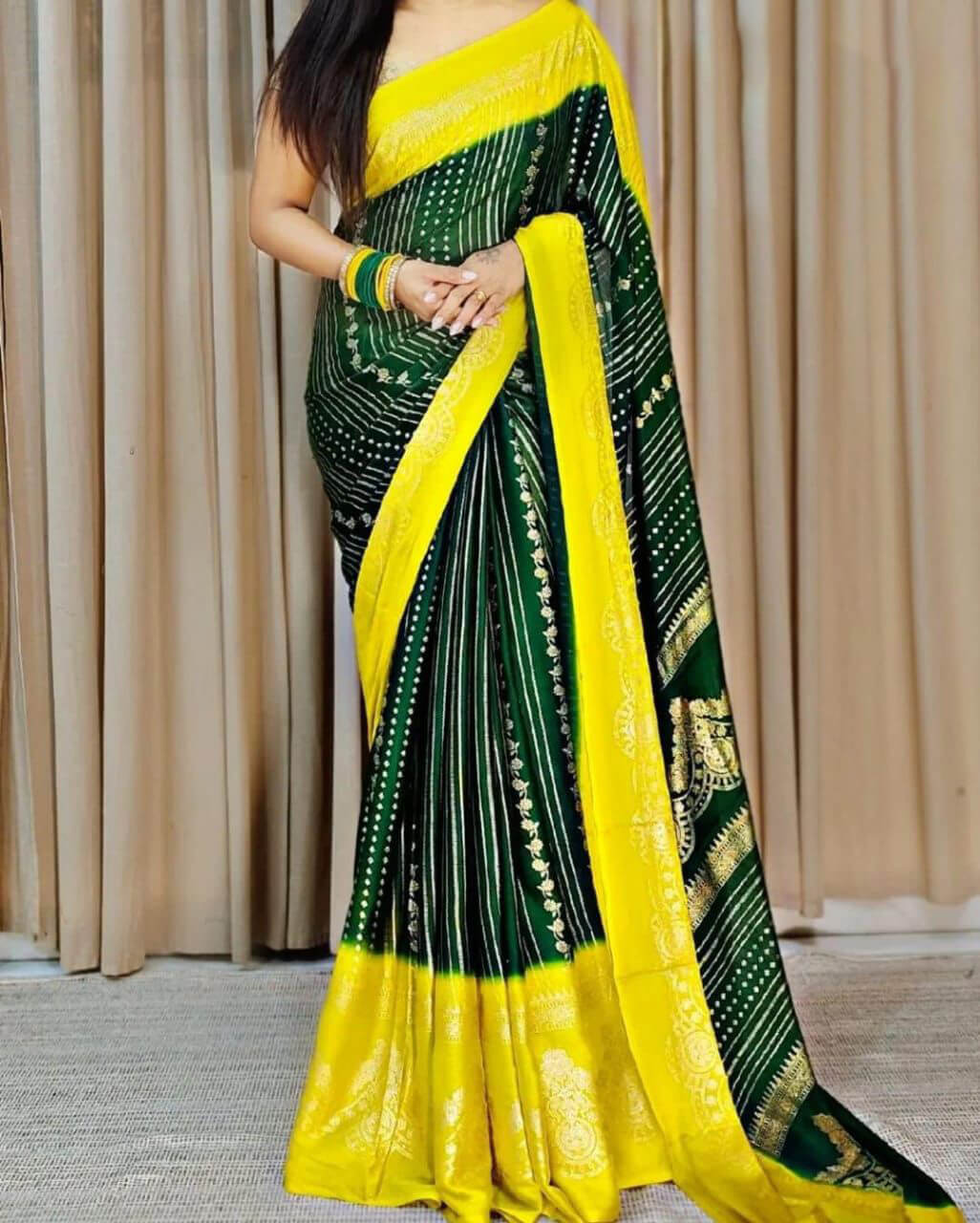 Exquisite Dark Green Digital Printed Chiffon Saree With Vivacious Blouse Piece