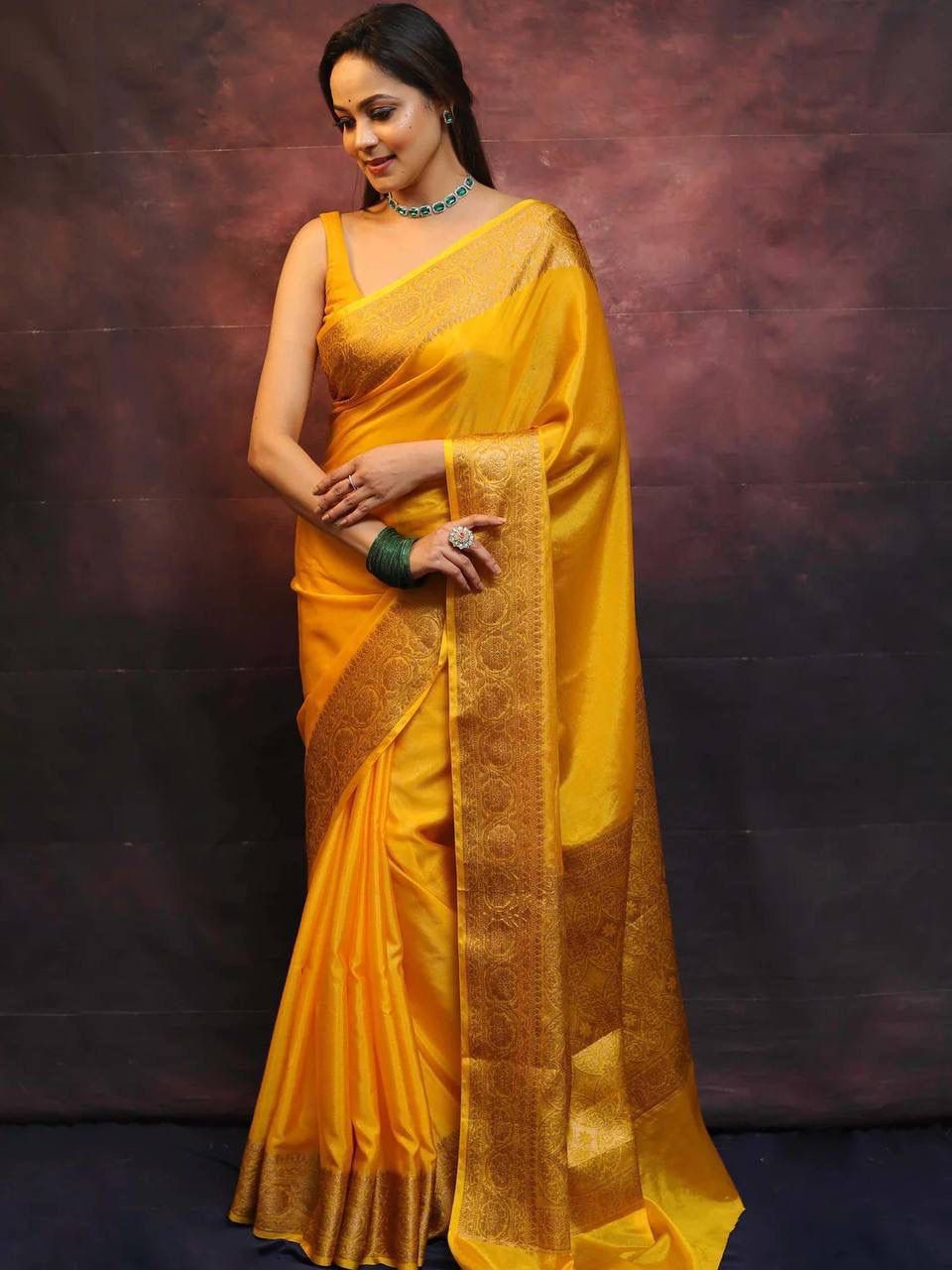 Delectable Yellow Soft Silk Saree With Serendipity Blouse Piece