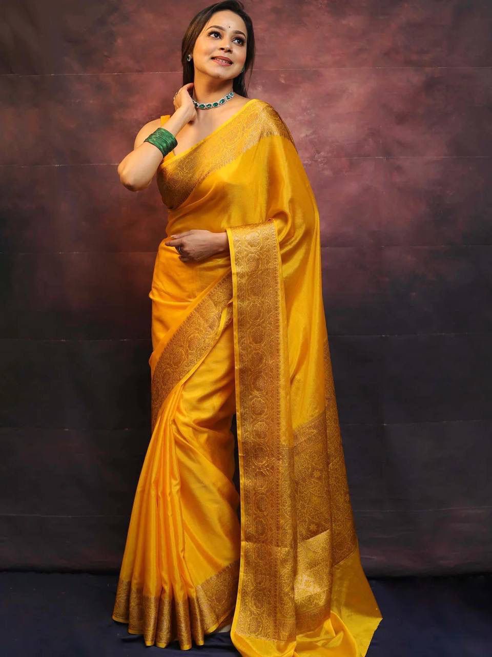 Delectable Yellow Soft Silk Saree With Serendipity Blouse Piece