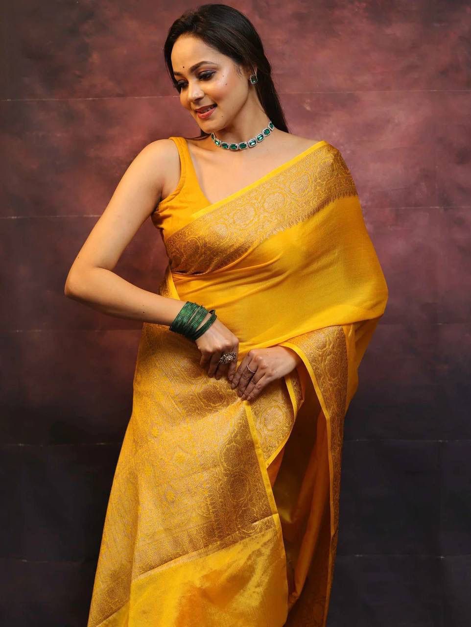 Delectable Yellow Soft Silk Saree With Serendipity Blouse Piece