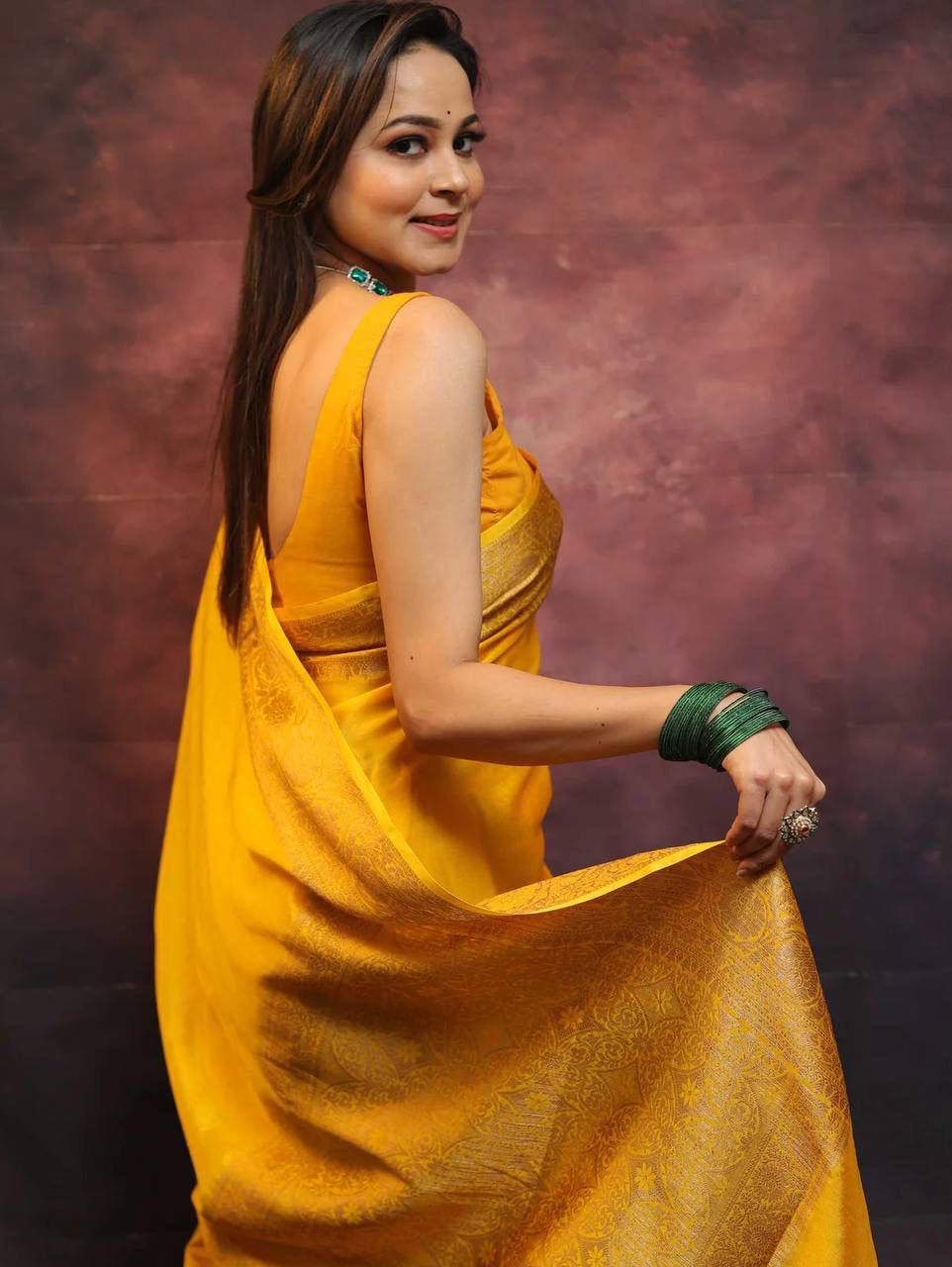 Delectable Yellow Soft Silk Saree With Serendipity Blouse Piece