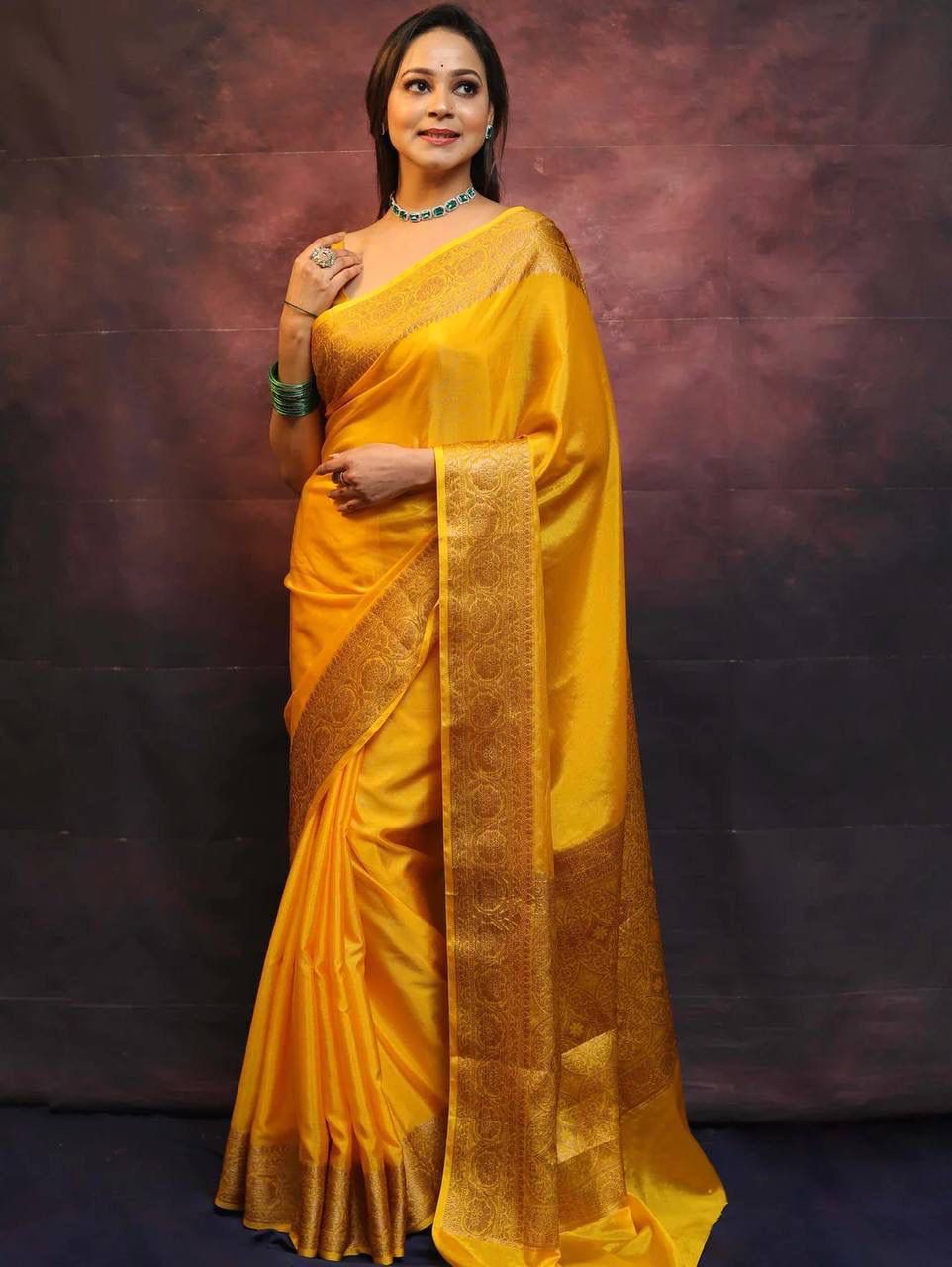 Delectable Yellow Soft Silk Saree With Serendipity Blouse Piece