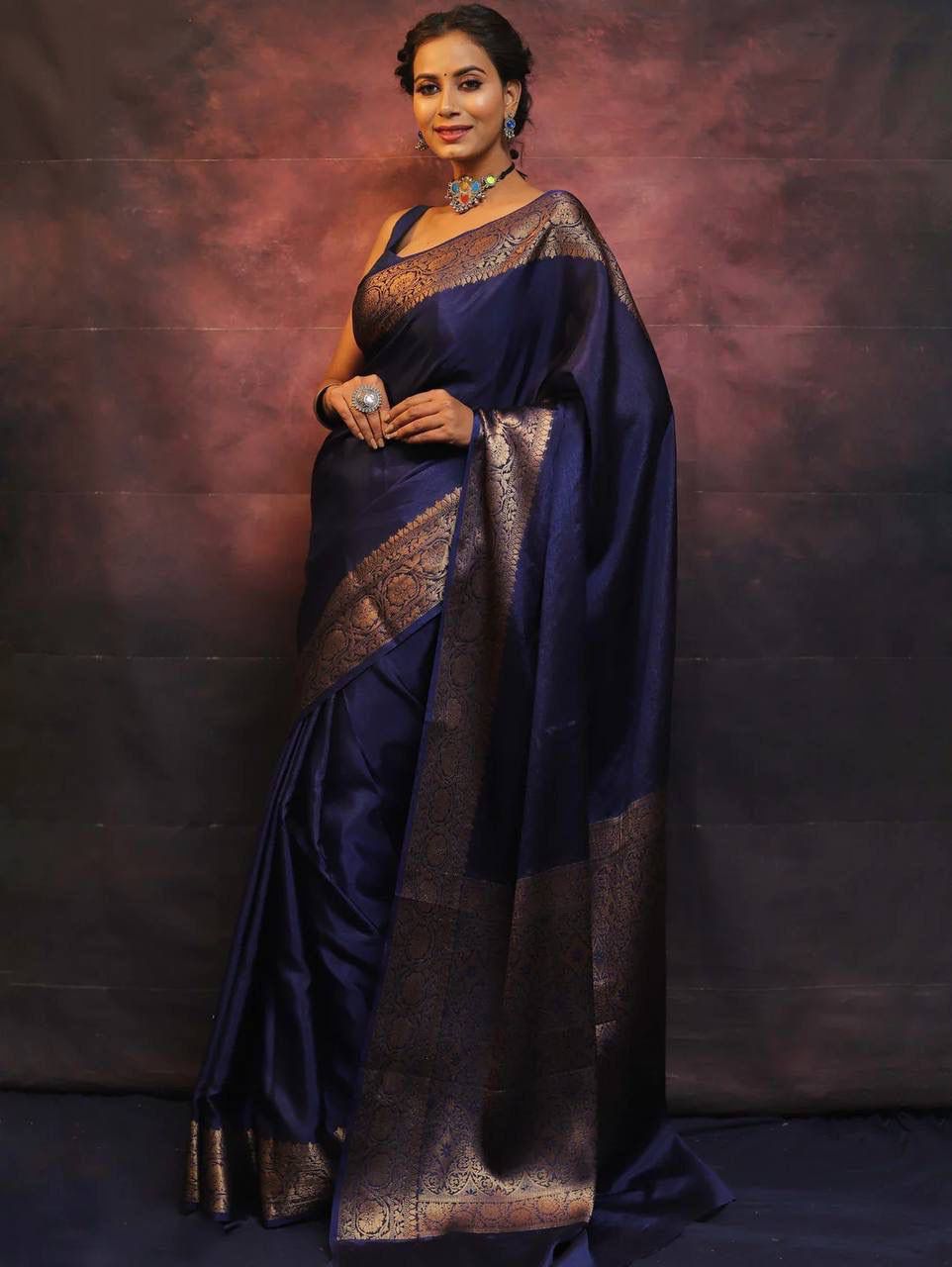 Moiety Navy Blue Soft Silk Saree With Epiphany Blouse Piece