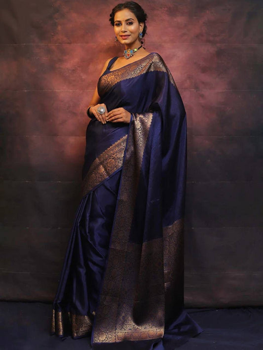 Moiety Navy Blue Soft Silk Saree With Epiphany Blouse Piece