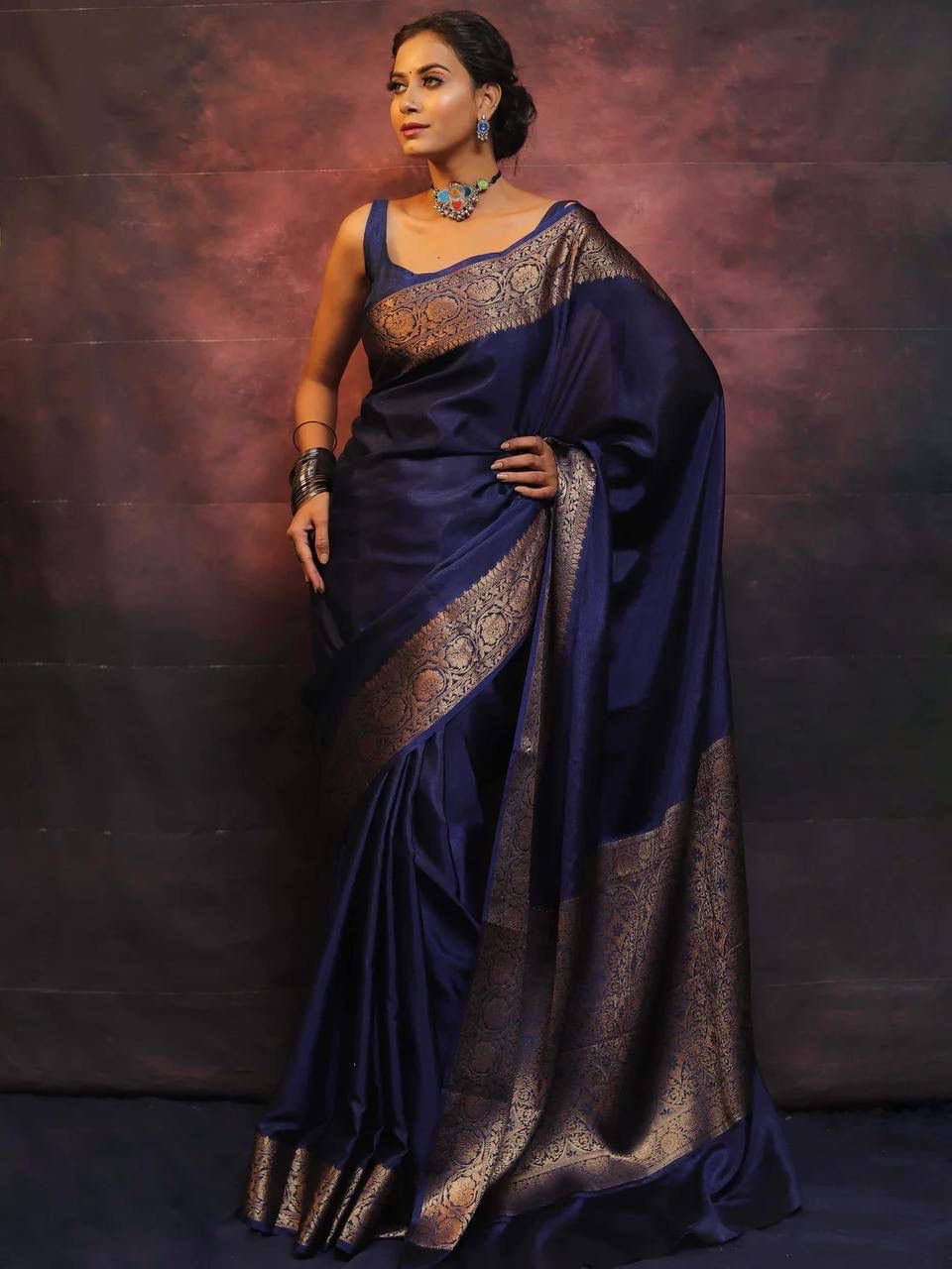 Moiety Navy Blue Soft Silk Saree With Epiphany Blouse Piece