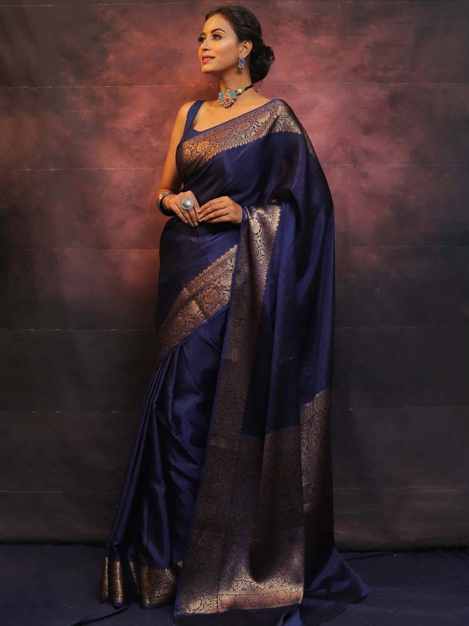 Moiety Navy Blue Soft Silk Saree With Epiphany Blouse Piece