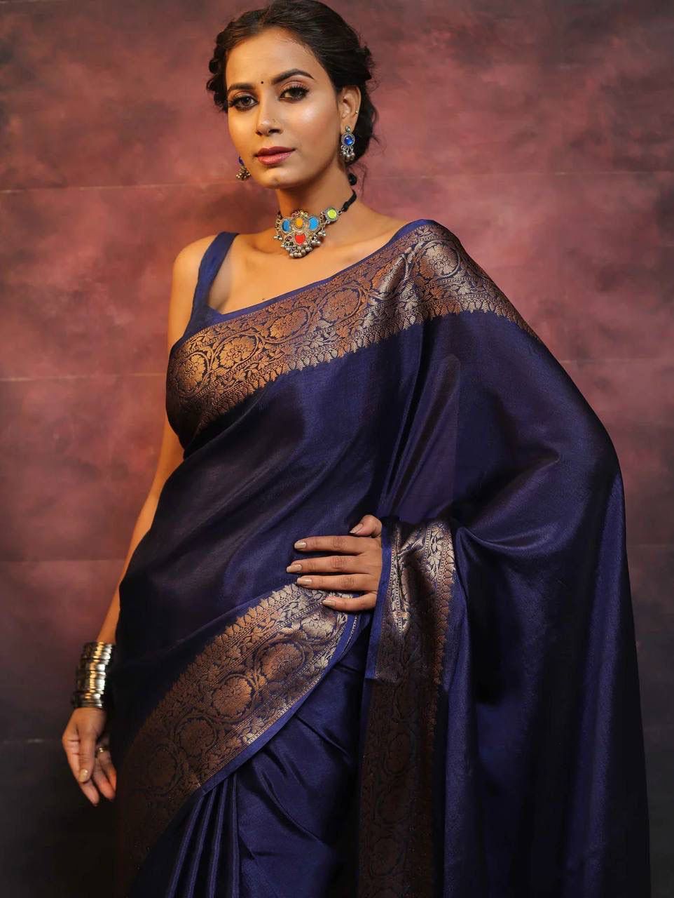 Moiety Navy Blue Soft Silk Saree With Epiphany Blouse Piece