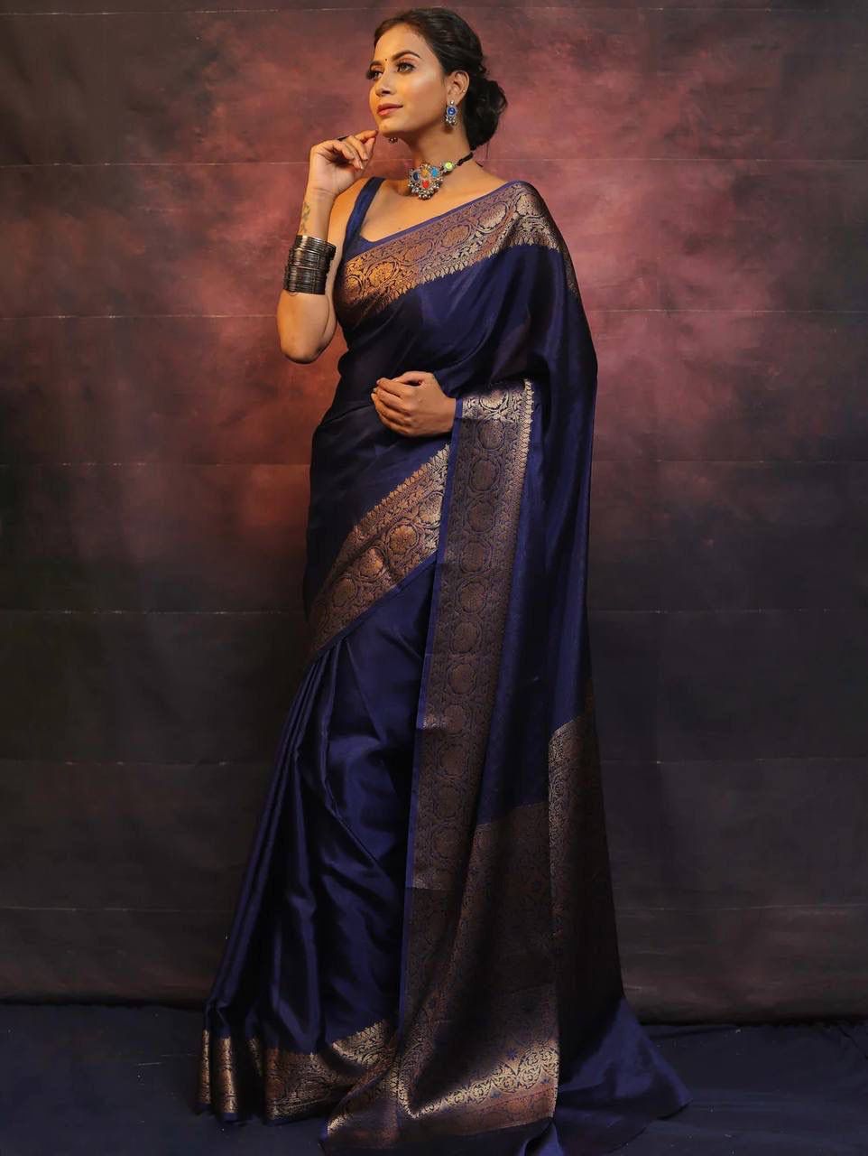 Moiety Navy Blue Soft Silk Saree With Epiphany Blouse Piece