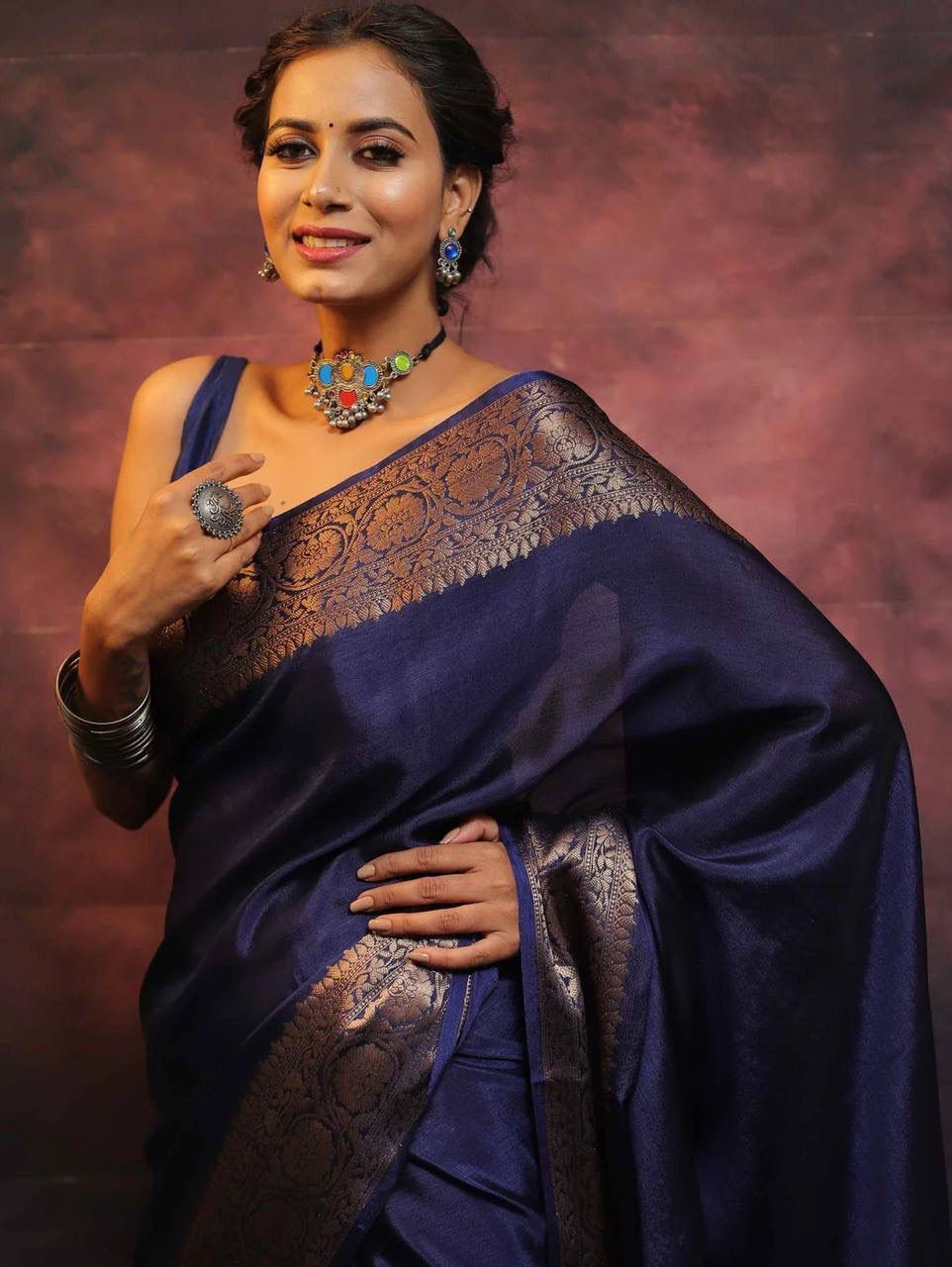 Moiety Navy Blue Soft Silk Saree With Epiphany Blouse Piece