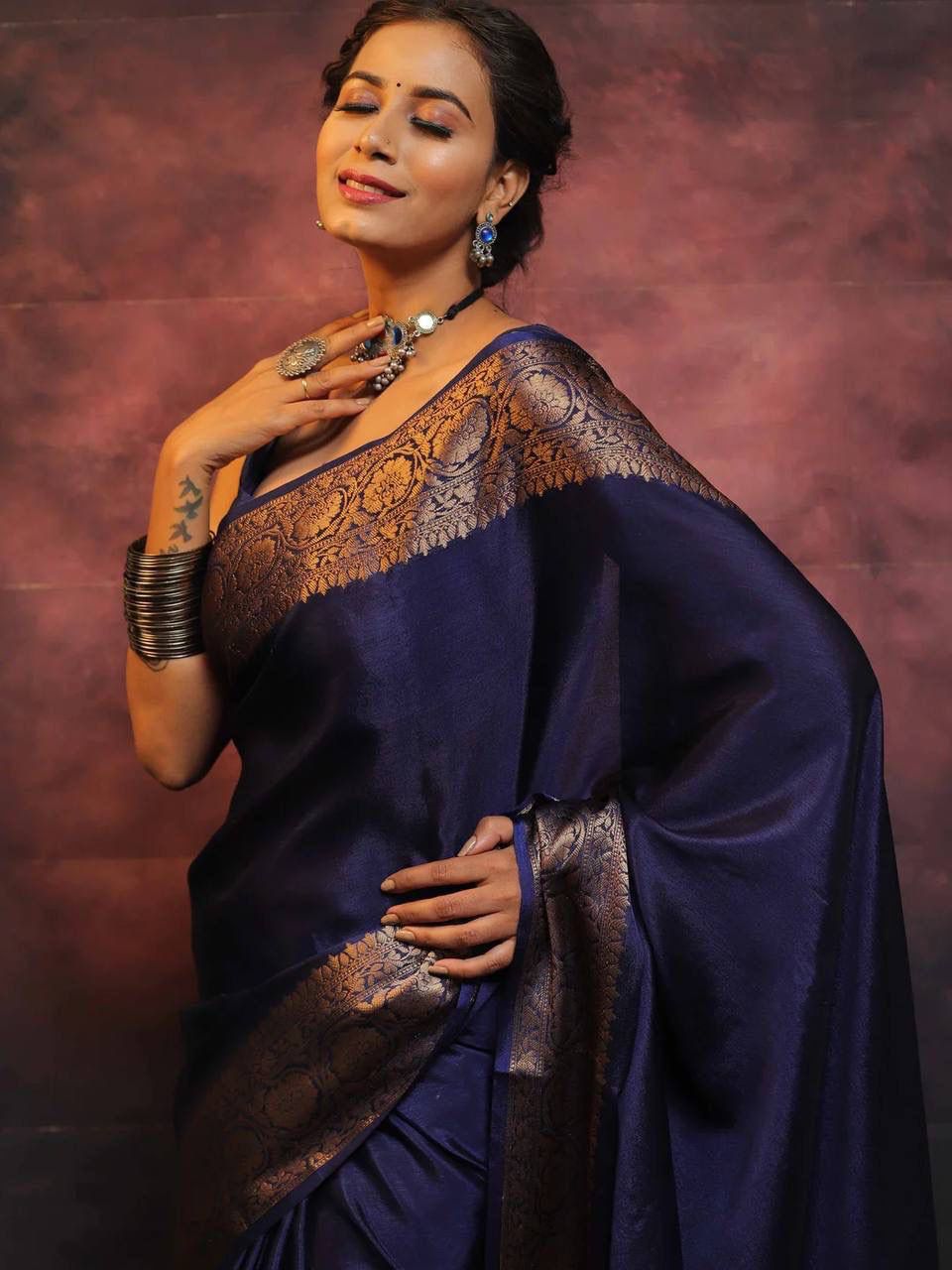 Moiety Navy Blue Soft Silk Saree With Epiphany Blouse Piece