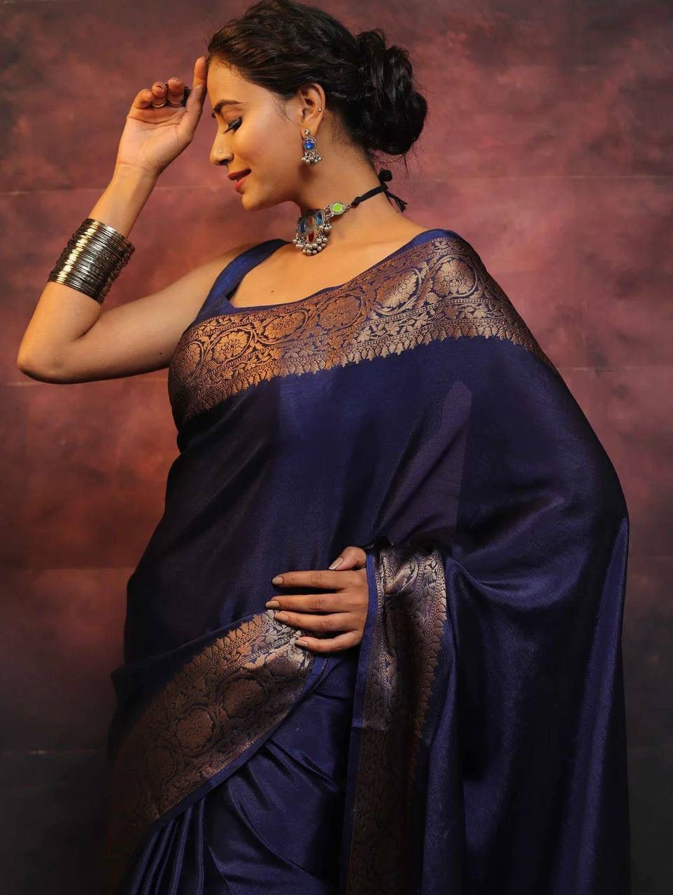 Moiety Navy Blue Soft Silk Saree With Epiphany Blouse Piece