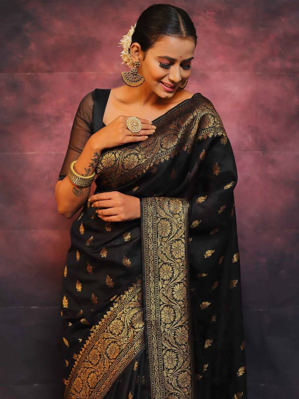 Glittering Black Soft Silk Saree With Enigmatic Blouse Piece