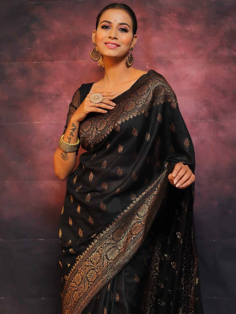 Glittering Black Soft Silk Saree With Enigmatic Blouse Piece