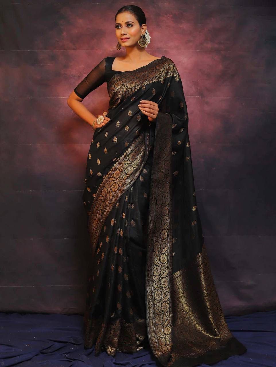 Glittering Black Soft Silk Saree With Enigmatic Blouse Piece