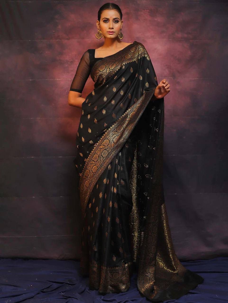 Glittering Black Soft Silk Saree With Enigmatic Blouse Piece