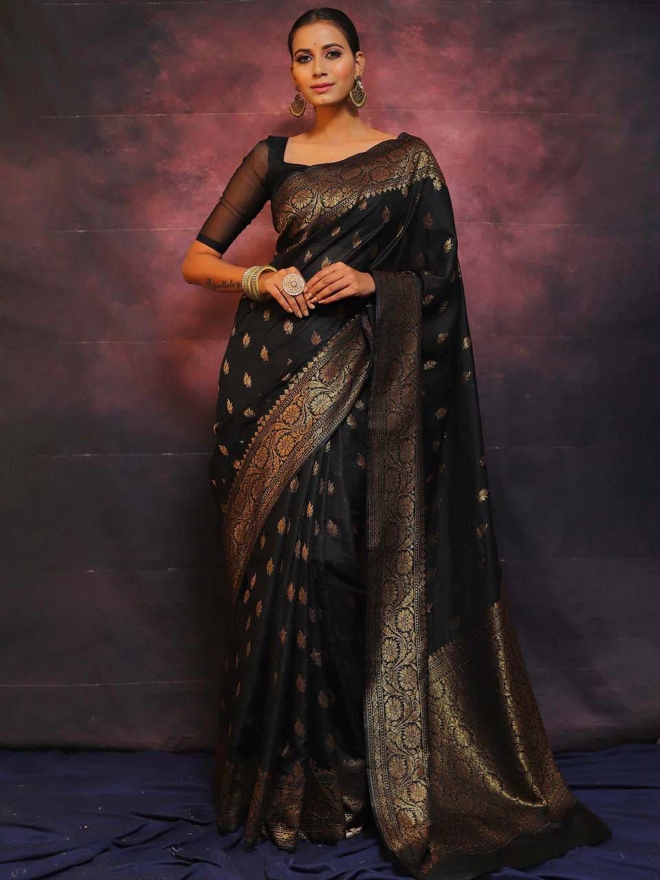 Glittering Black Soft Silk Saree With Enigmatic Blouse Piece