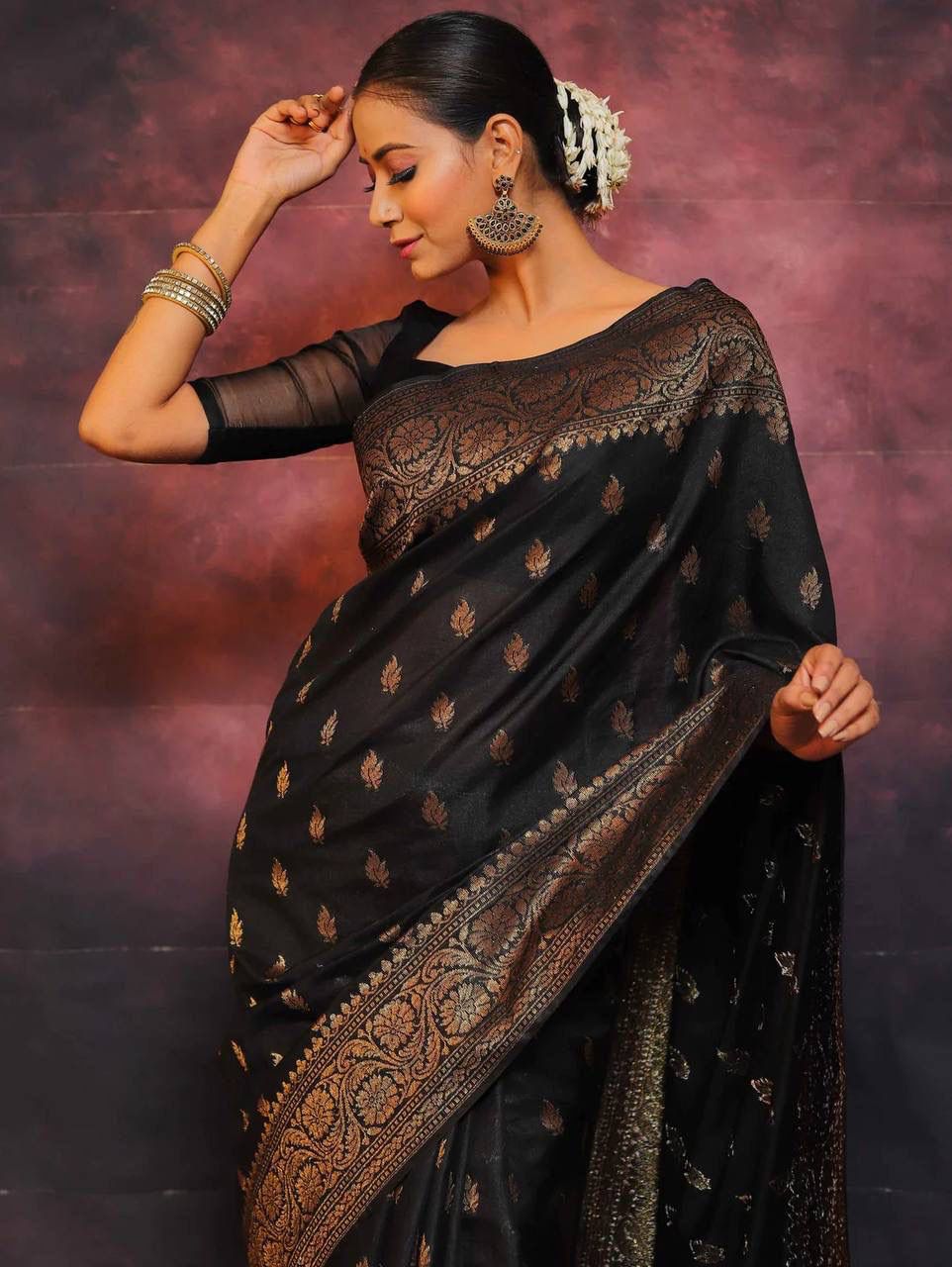 Glittering Black Soft Silk Saree With Enigmatic Blouse Piece