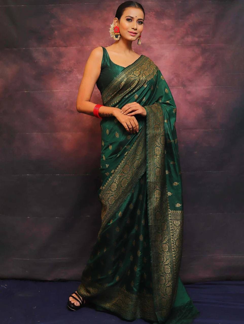 Vibrant Dark Green Soft Silk Saree With Opulent Blouse Piece