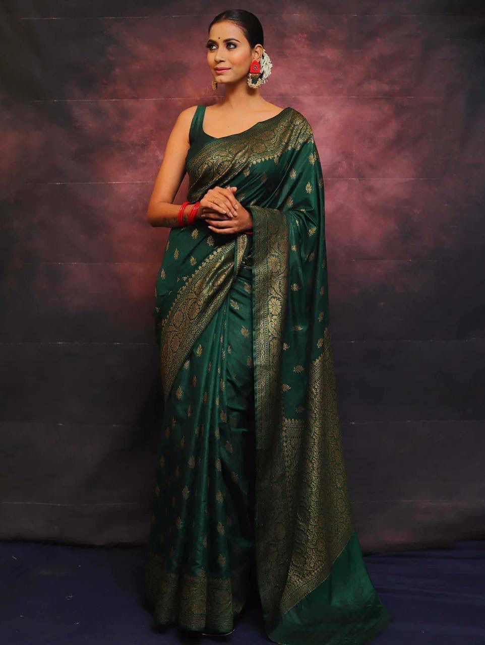 Vibrant Dark Green Soft Silk Saree With Opulent Blouse Piece