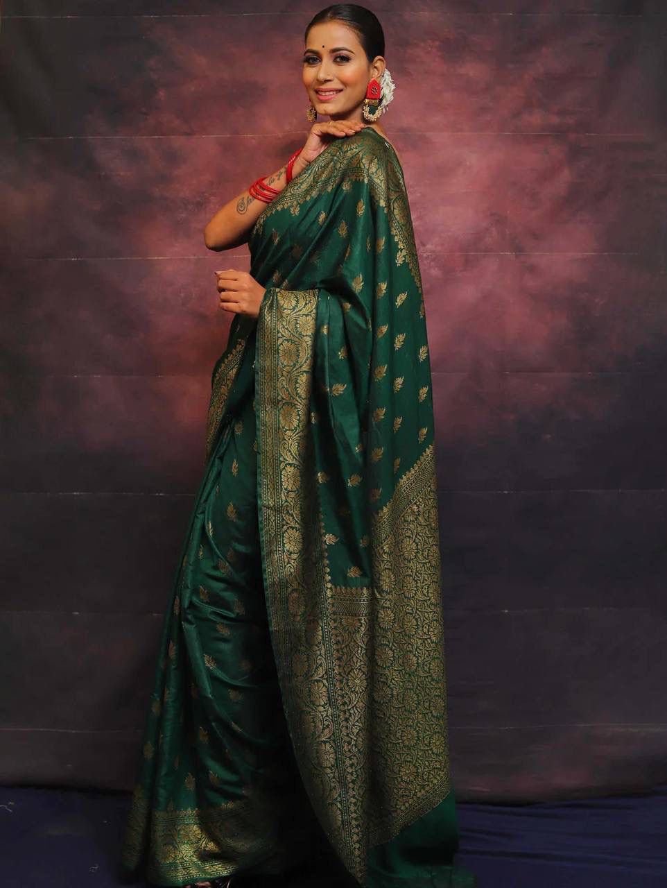 Vibrant Dark Green Soft Silk Saree With Opulent Blouse Piece