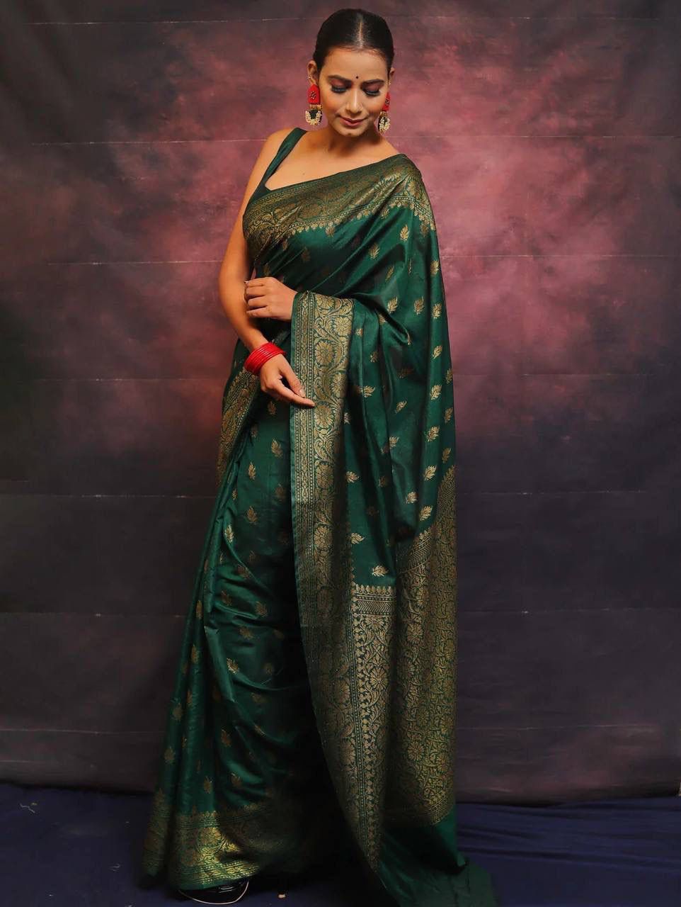 Vibrant Dark Green Soft Silk Saree With Opulent Blouse Piece