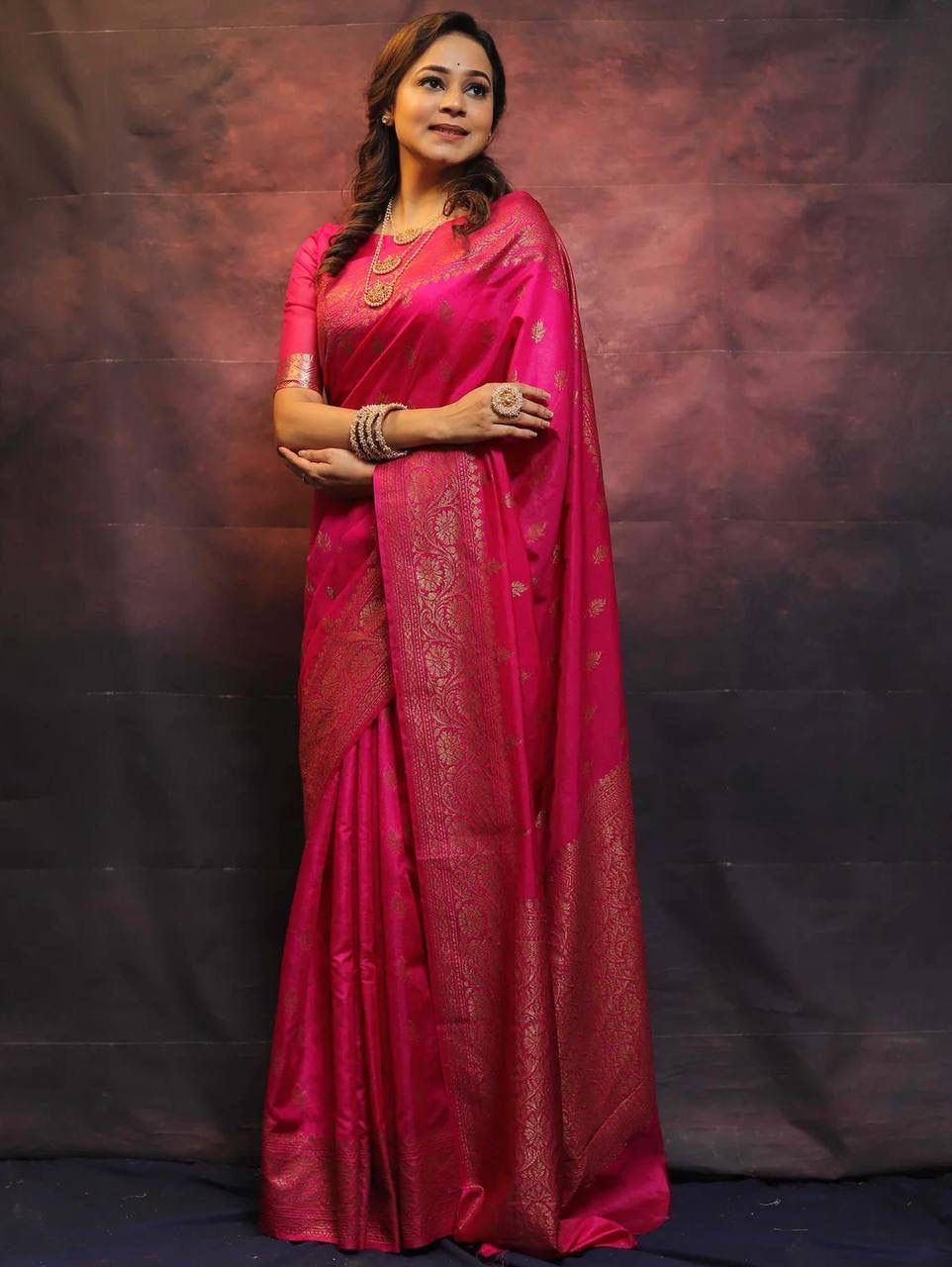 Glamorous Dark Pink Soft Silk Saree With Lustrous Blouse Piece