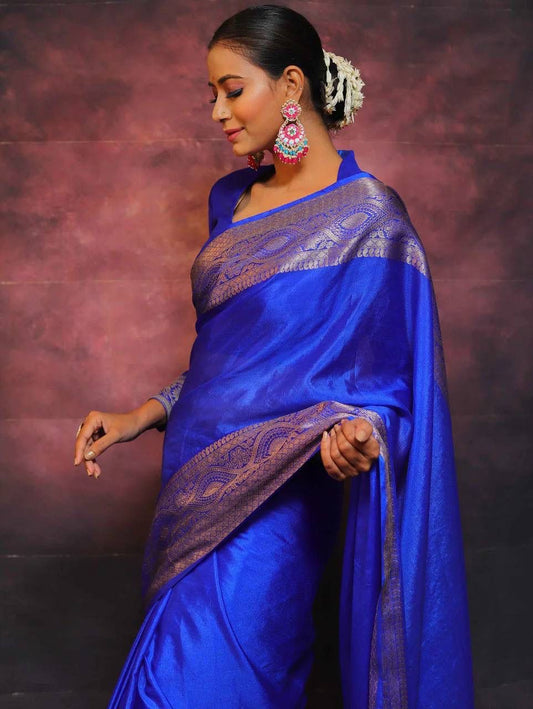Outstanding Royal Blue Soft Silk Saree With Beautiful Blouse Piece
