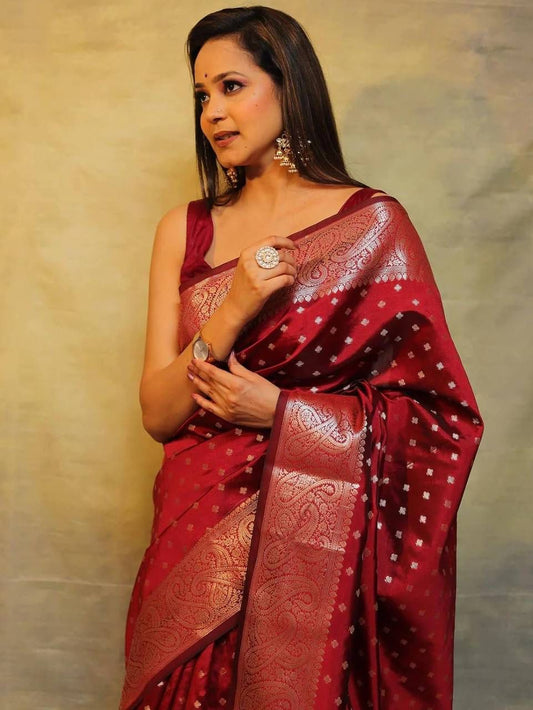 Imbrication Maroon Soft Silk Saree With Dissemble Blouse Piece