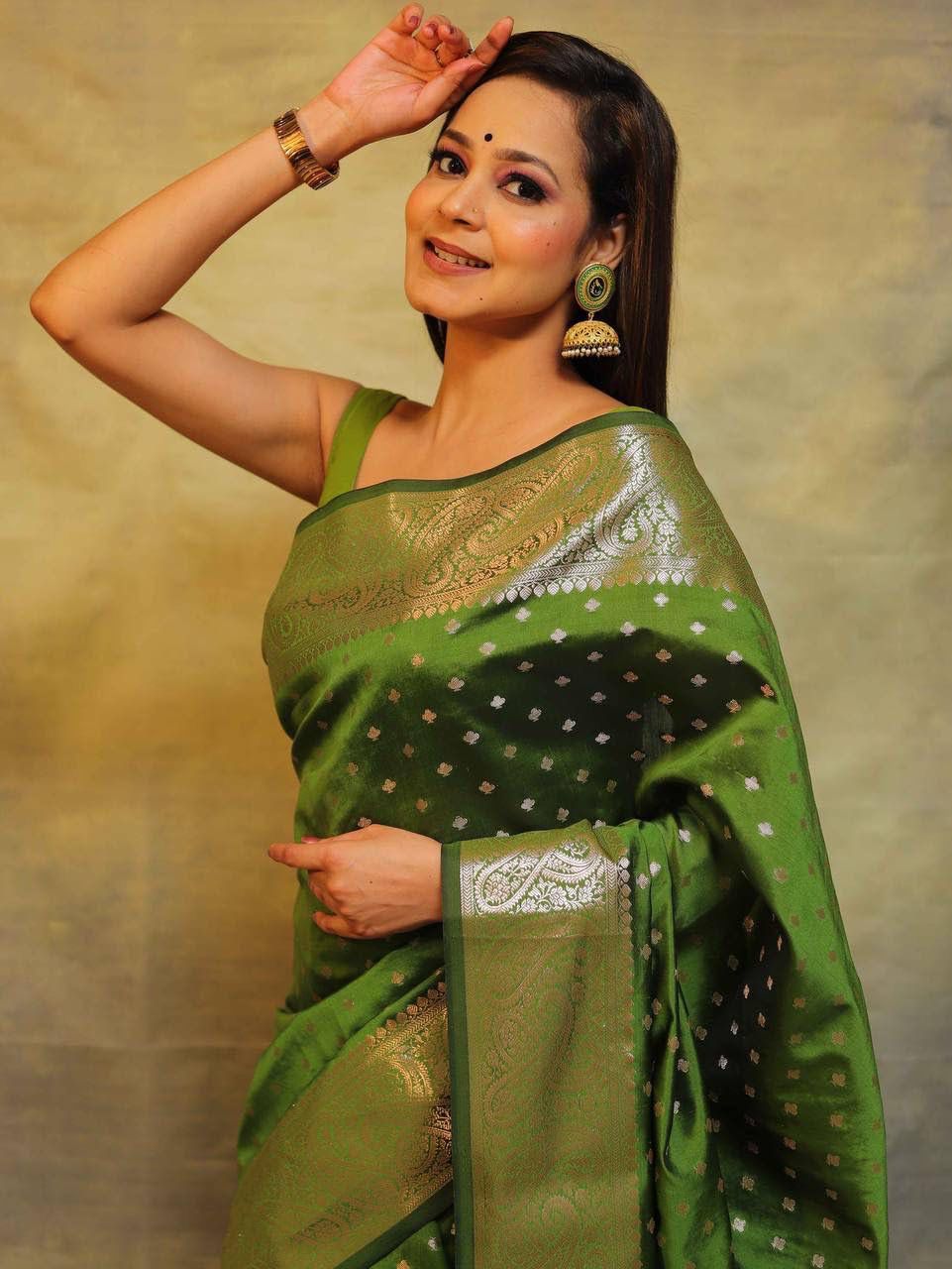 Excellent Mehndi Soft Silk Saree With Inspiring Blouse Piece